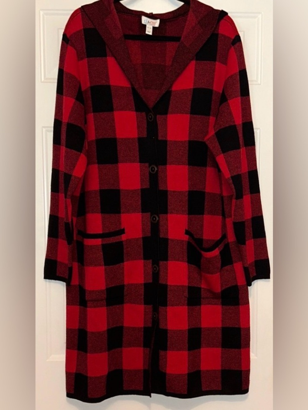 Denim & Co Buffalo Check Open Cardigan Sweater XL Red Black Hooded Knit